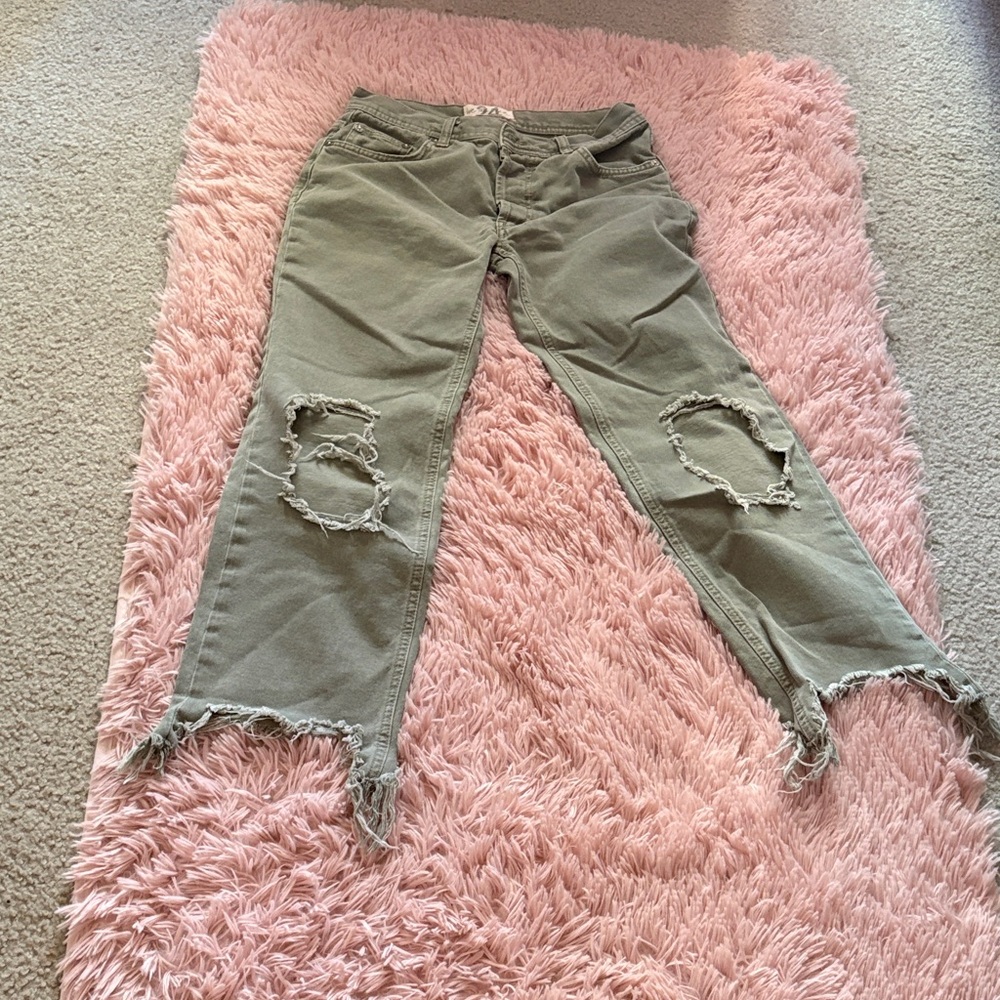 We The Free Distressed Tan Straight Leg Jeans